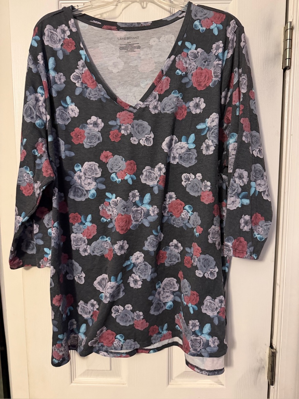 Lane Bryant Charcoal Floral V-Neck Tunic with Red and Blue Accents